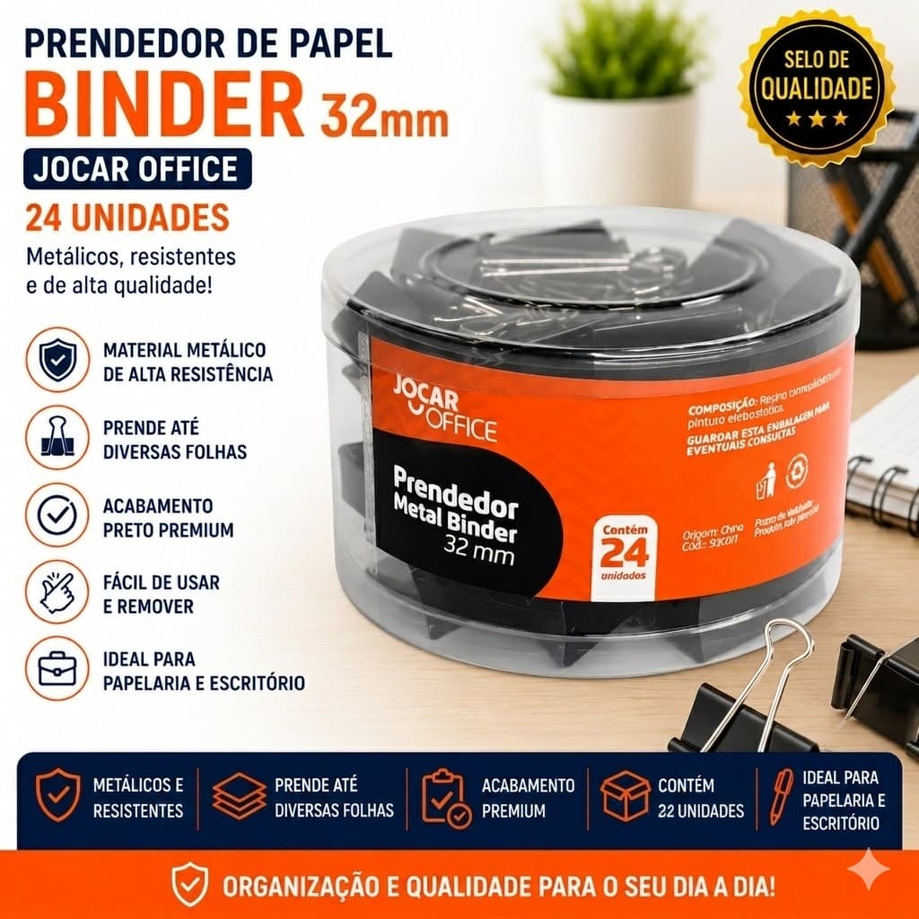 Prendedor De Papel Binder 32mm Preto 24 Unidades Jocar Office Clipes Metálicos Papelaria Escritório
