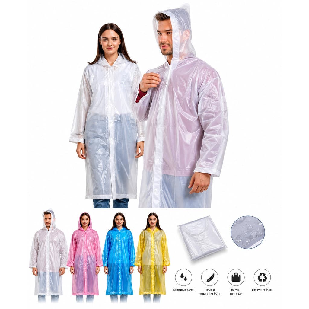 Capa de Chuva Impermeável Com Capuz EVA Reutilizável Unissex Transparente Leve Portátil Várias Cores