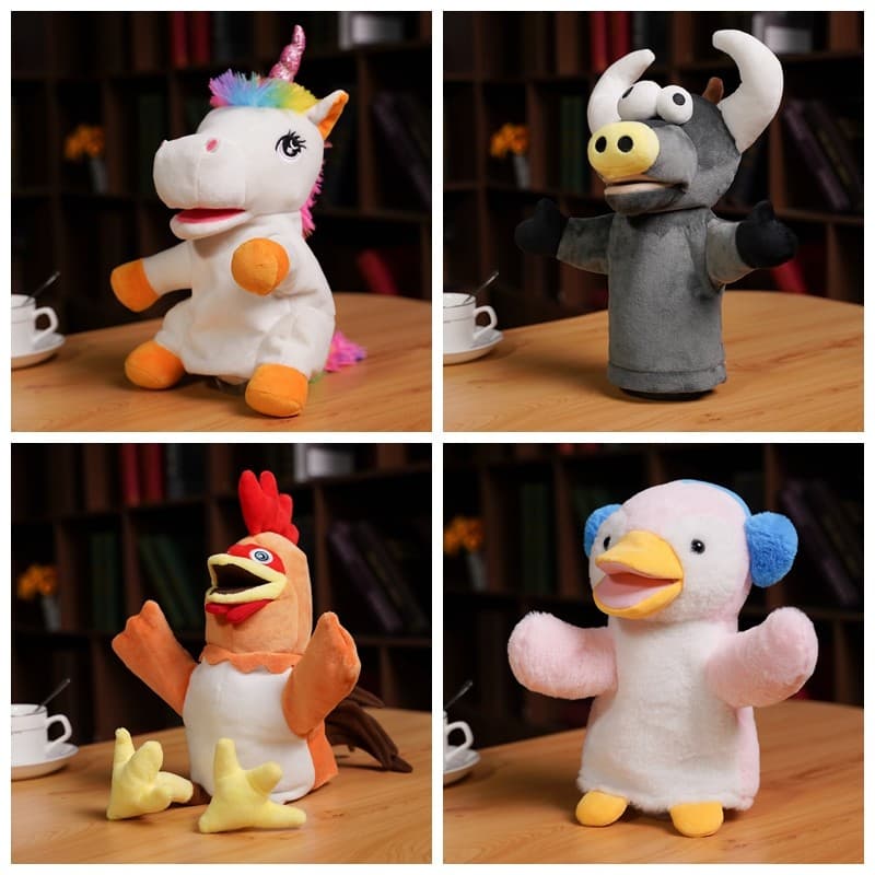 Fantoche de mão brinquedo galo Animal luvas Bison pinguim boneca unicórnio movendo boca desempenho boneca de pelúcia