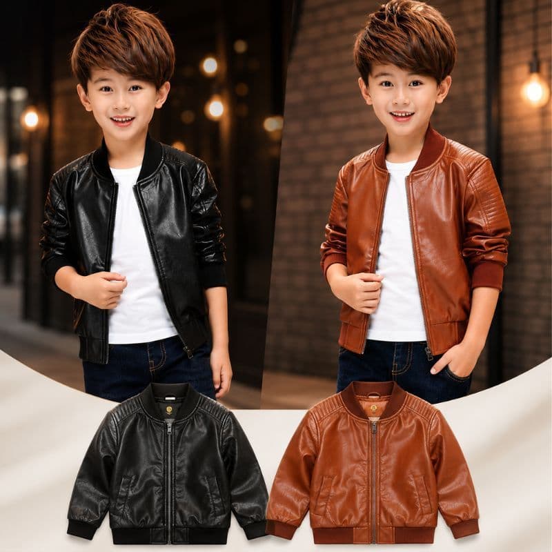 Casaco Infantil Couro PU Forrado Pelúcia Térmico Inverno Jaqueta Corta Vento Menino 2-14 Anos Moda Inverno Quente Grossa
