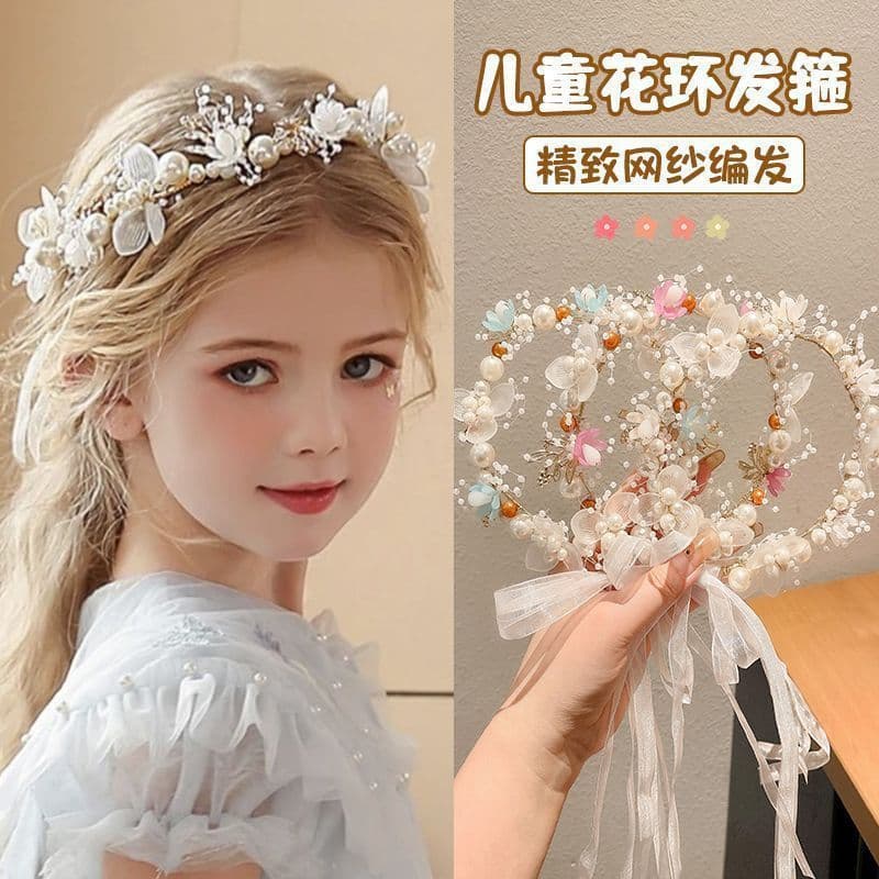 [Estoque pronto] Guirlanda infantil princesa acessórios para cabelo pérola flor fita Headwear meninas doce aniversário f
