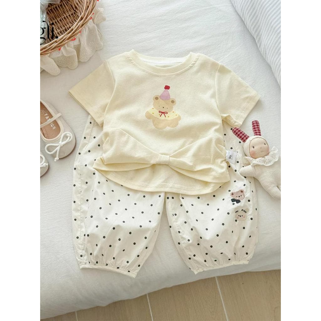 Meninas terno 2025 verão novo estilo bebê dos desenhos animados camiseta de manga curta + estilo fino calças Anti-Mosqui