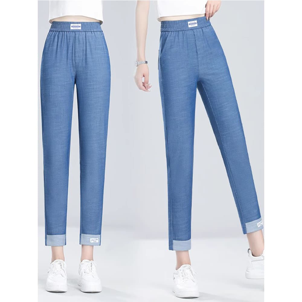 Tencel Jeans feminino 2026 verão novo estilo cintura alta pequeno Casual seda gelo estilo fino Harem calças até o tornoz