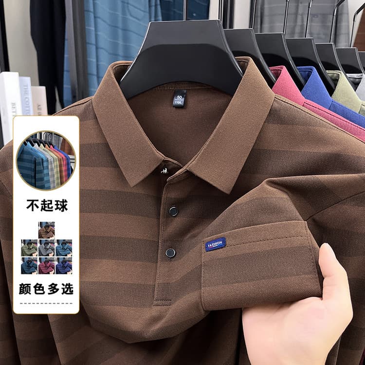 2026 primavera outono masculino listrado camiseta de manga comprida meia-idade idoso pai usar com bolsos lapela fina