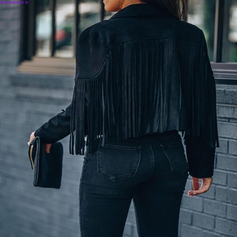 Cardigan Cropped com Franjas e Tassel para Mulheres Y2K, Jaqueta de Couro de Moto E-Girl, Vintage dos Anos 90 EJYC