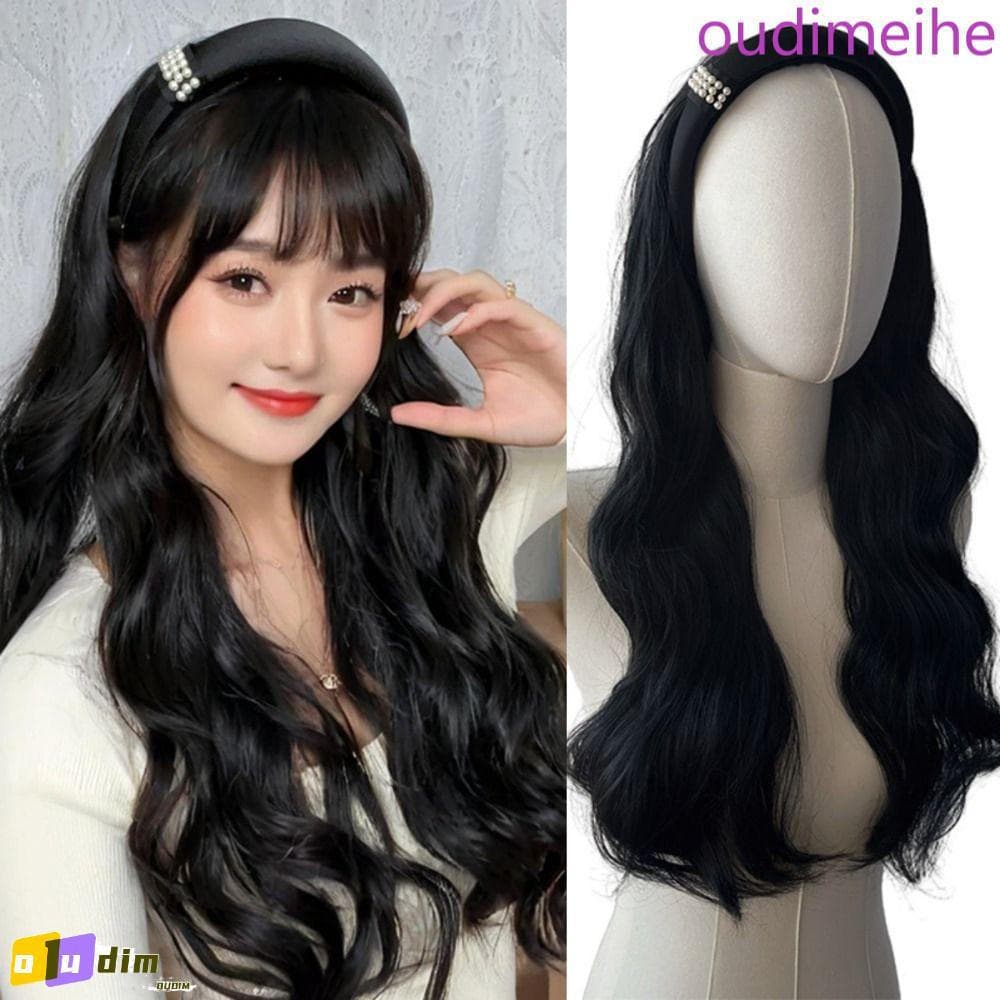 OUDIMEIHE Perucas De Faixa De Cabeça Sintética , Postiços Estilo Coreano Meia , Cabelo Ondulado Encaracolado Longo Invis