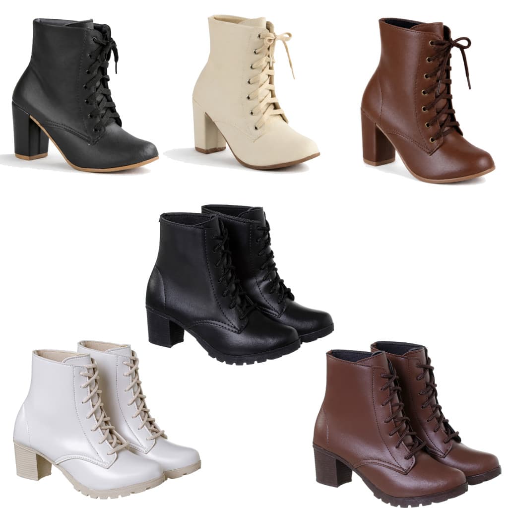 Kit 6 Botas Coturno Feminino Salto Alto e Baixo Moda Blogueira Elegante Macia Off-White Café Preto