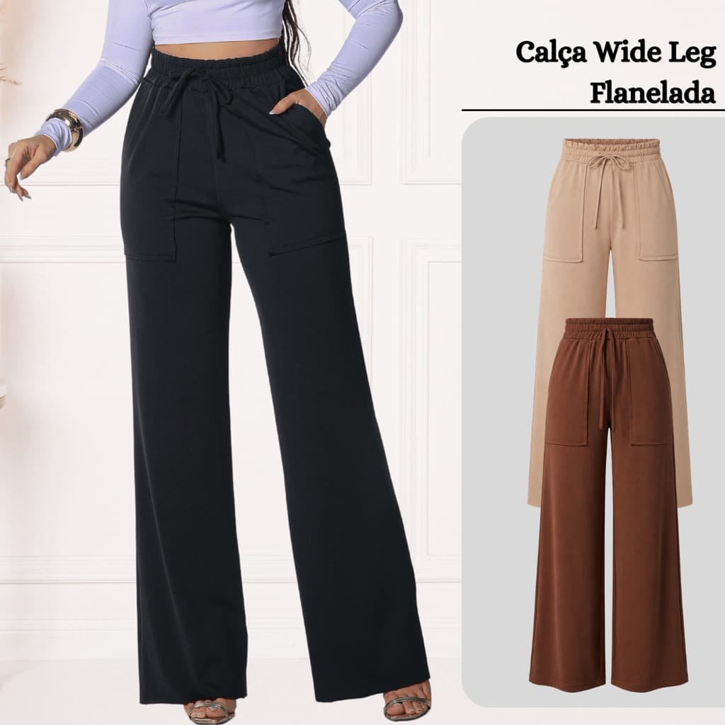 Calça Feminina Wide Leg Suplex Reta Com Bolso Cós Elástico Quentinha Lycra