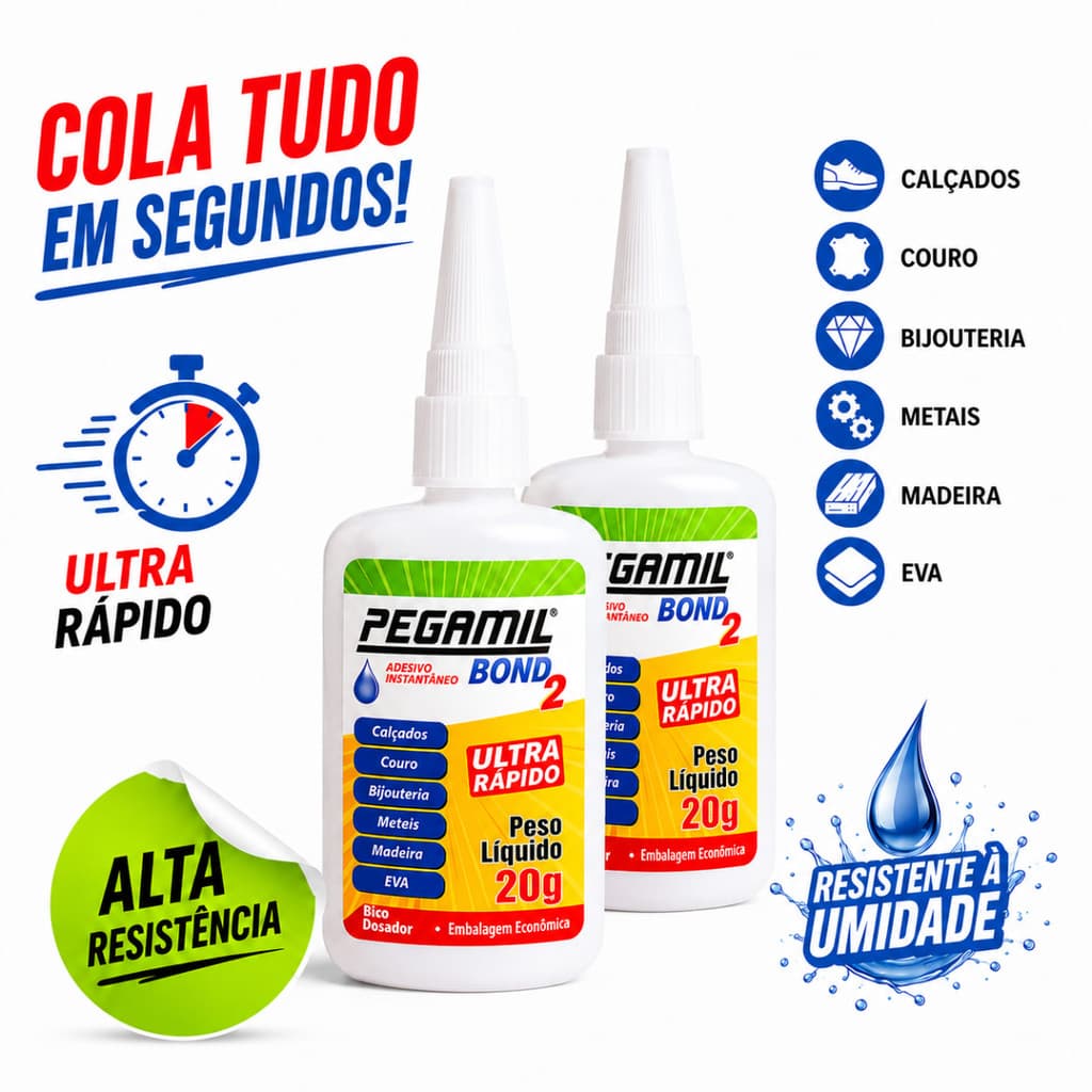 Kit 2 Cola Instantânea Pegamil Bond 20g Ultra Rápida Couro Madeira EVA Metal