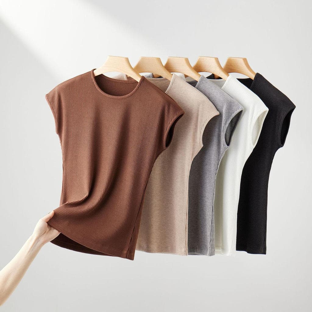 Pit Strip rosqueado camiseta de manga curta feminina elástica mais magro olhar em torno do pescoço simples All-Match mal