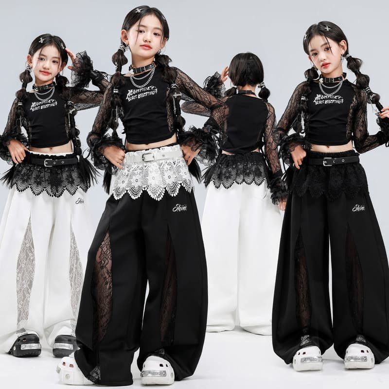 Meninas trajes de dança jazz crianças umbigo-cortado preto branco rendas trajes de dança ternos jazz dança de rua menina