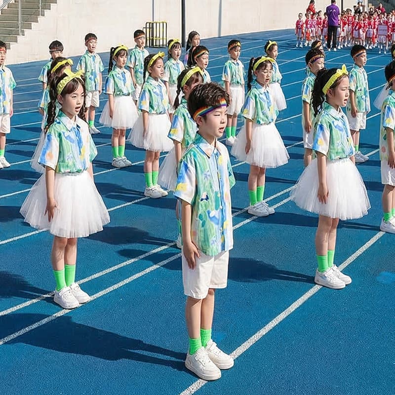Estudantes do ensino fundamental jogos cerimônia de abertura admissão traje do exército classe uniforme crianças cheerle