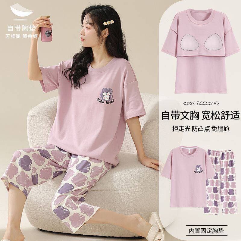 100% pijamas estilo feminino com almofada no peito 2026 novo estilo puro algodão verão calças cortadas de manga curta po