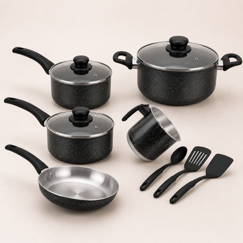 Jogo de Panelas 5 Peças MARF Tampa de Vidro + Kit Espátulas | Cozinha Completa para o Dia a Dia | Praticidade, Economia
