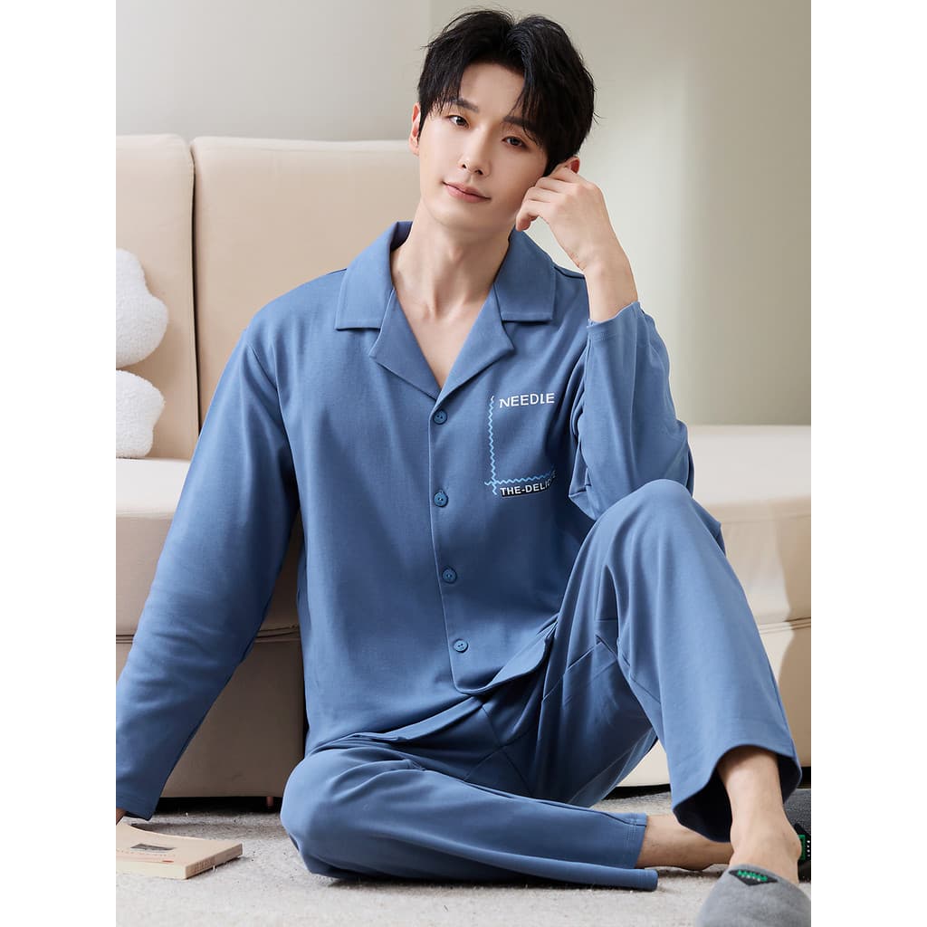 Pijamas masculinos de manga comprida algodão primavera outono simples juventude exterior Wear solto fino puro algodão Ho