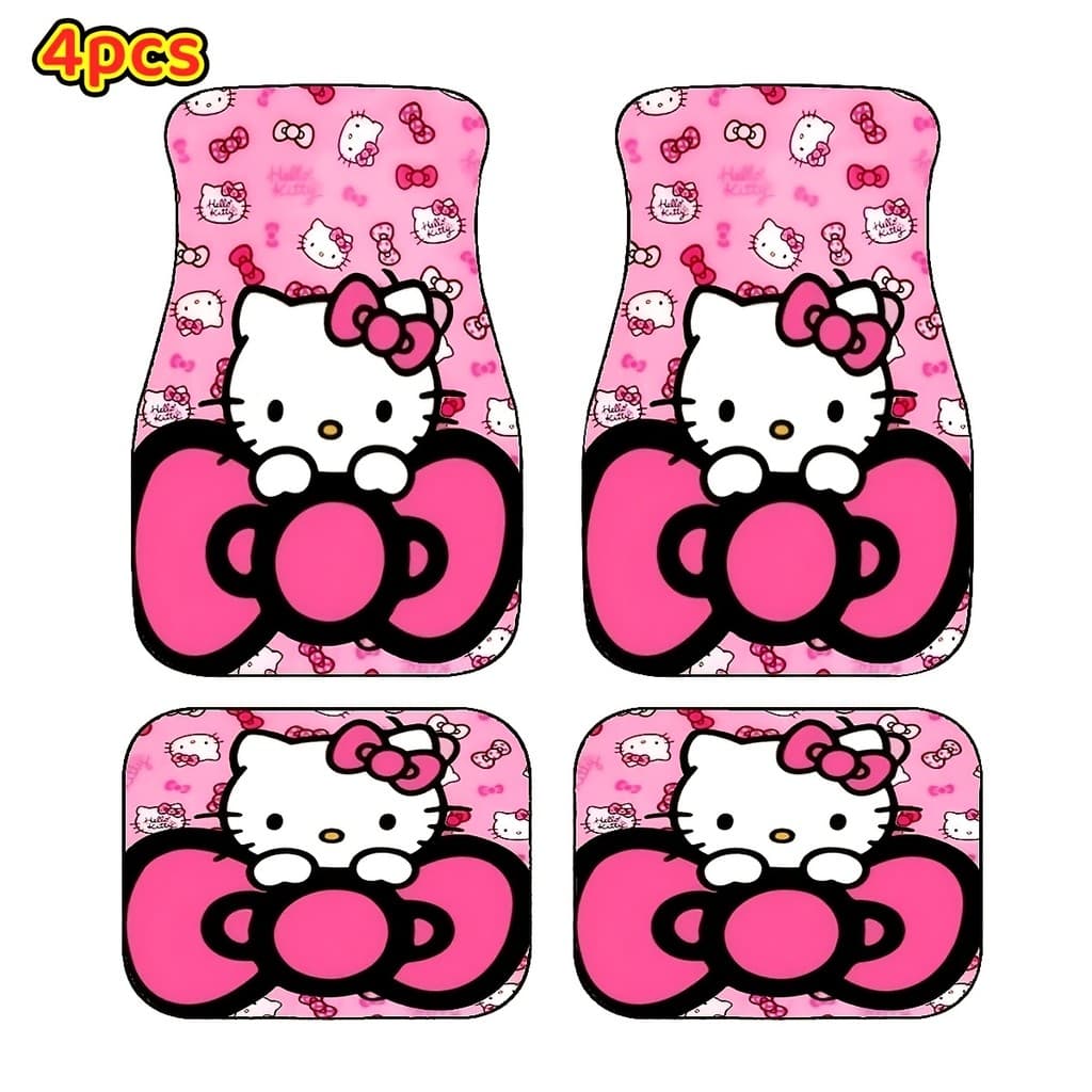 Conjunto de tapete de carro Sanrio 4 peças com tema Hello Kitty, tapete de decoração de carro fofo rosa com laço, adequa