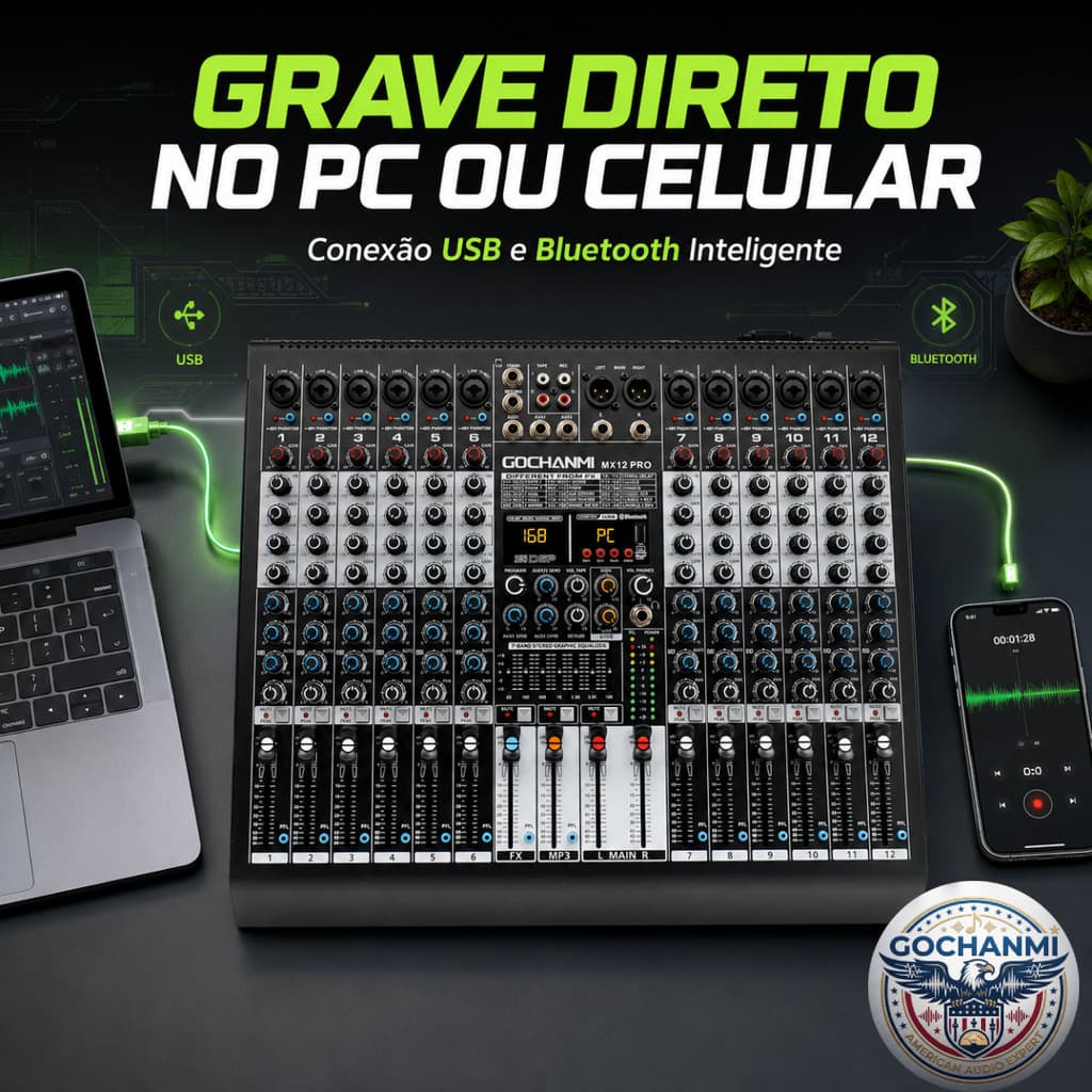 Mesa de Som 12 Canais com USB MP3 Bluetooth 48V Phantom para Som Ao Vivo