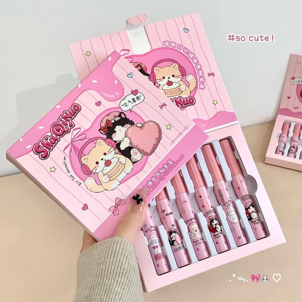 SHAQINUO Meow bonito diário espelho lábio esmalte conjunto caixa hidratante espelho renderização de cor naturalmente não
