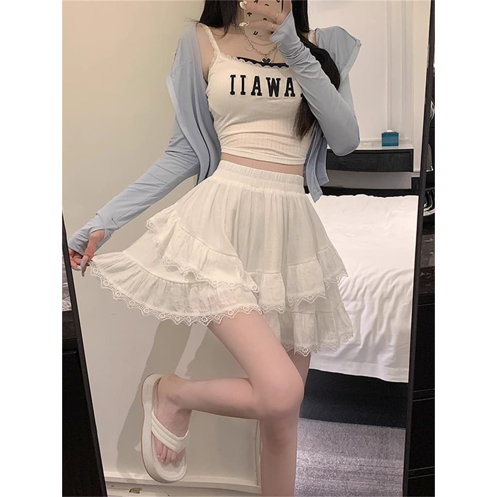 Estilo de balé branco Shorts feminino verão fino novo estilo cintura alta a linha renda babados bolo Puff Culottes ins