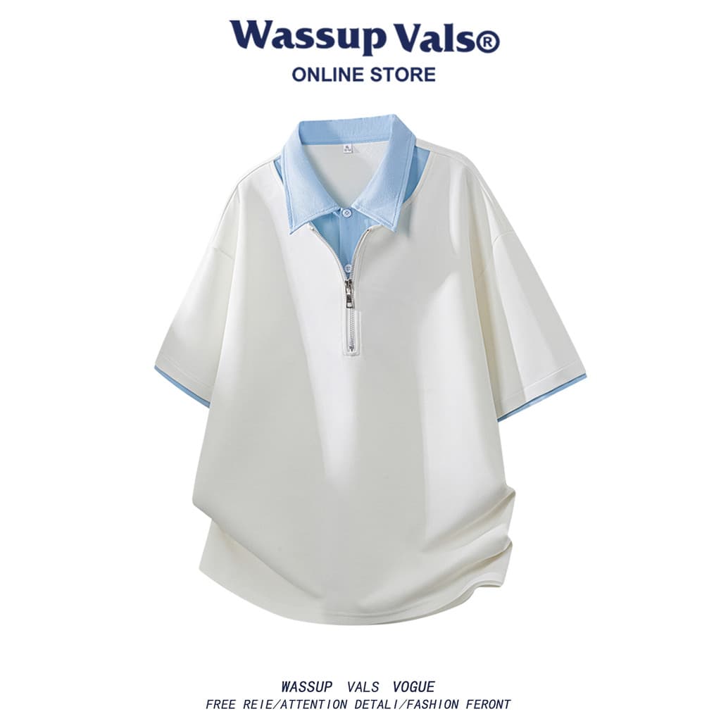 WASSUP VALS American Falso Duas Peças Meio Zíper Camiseta de Manga Curta Masculina Verão Seda Gelo Camisa Polo Casual To