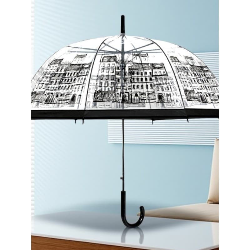 Guarda-chuva transparente com padrão arquitetônico, semiautomático, criativo, gancho curvo, haste reta, alça longa, Umb