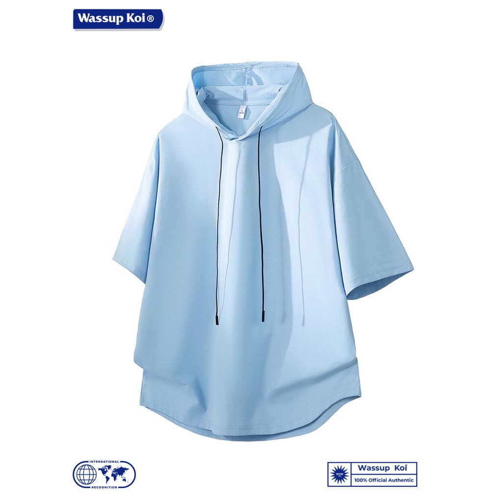 WASSUP KOI Protetor solar de manga curta camiseta masculina verão com capuz solto absorvente de umidade de secagem rápid
