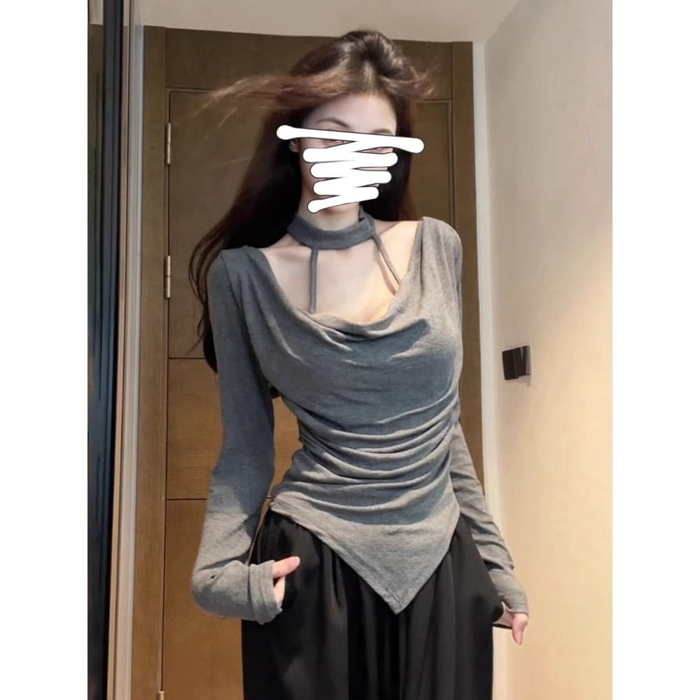 Puro desejo estilo Design Halter pescoço balanço pescoço de manga comprida camiseta de fundo feminino outono inverno nov