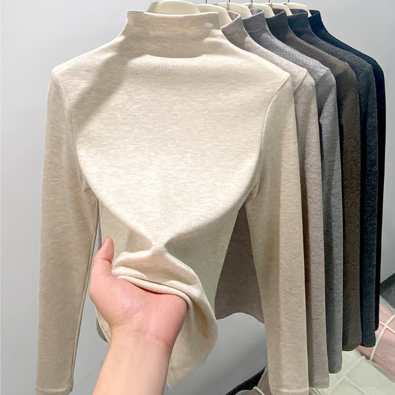 Moda meia gola alta escovada camisa de fundo feminina outono inverno quente manga comprida camiseta magro-ajuste mais ma