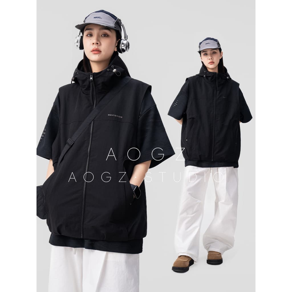 AOGZ colete Casual com capuz estilo masculino 2026 novo estilo primavera colete ao ar livre leve esportes colete macacão