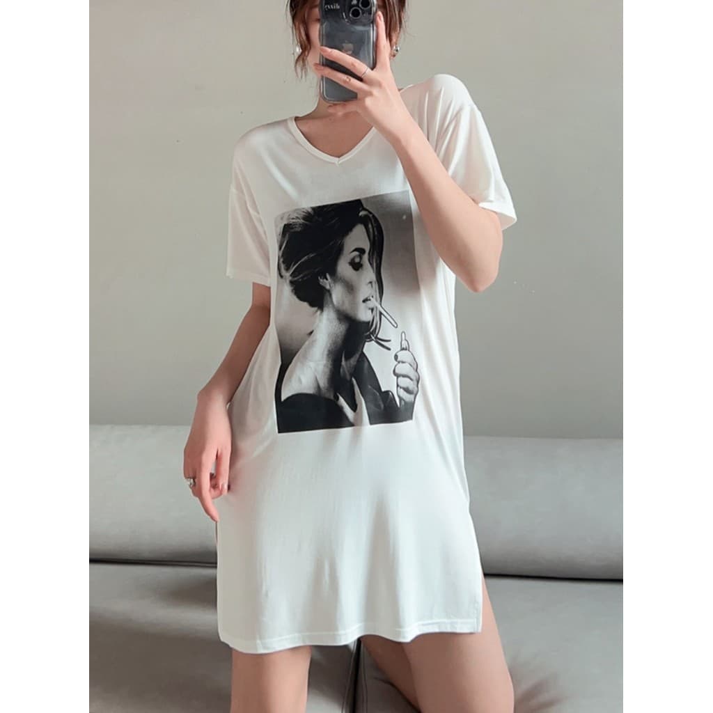 Primavera verão versão coreana estilo fino Modal camiseta de manga curta meados de comprimento feminino impresso saia de