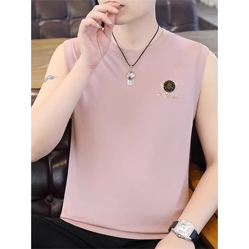 High-end colete de seda gelo masculino verão fino colete sem mangas camiseta masculina verão high-end ombro largo camisa