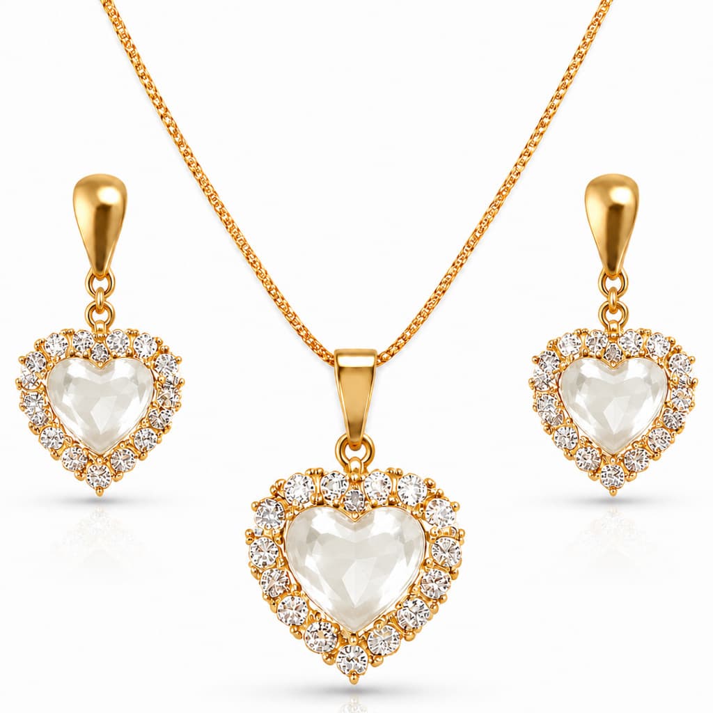 Conjunto Colar e Brinco Coração Pedra Branco Brilhante Folheado a Ouro 18k