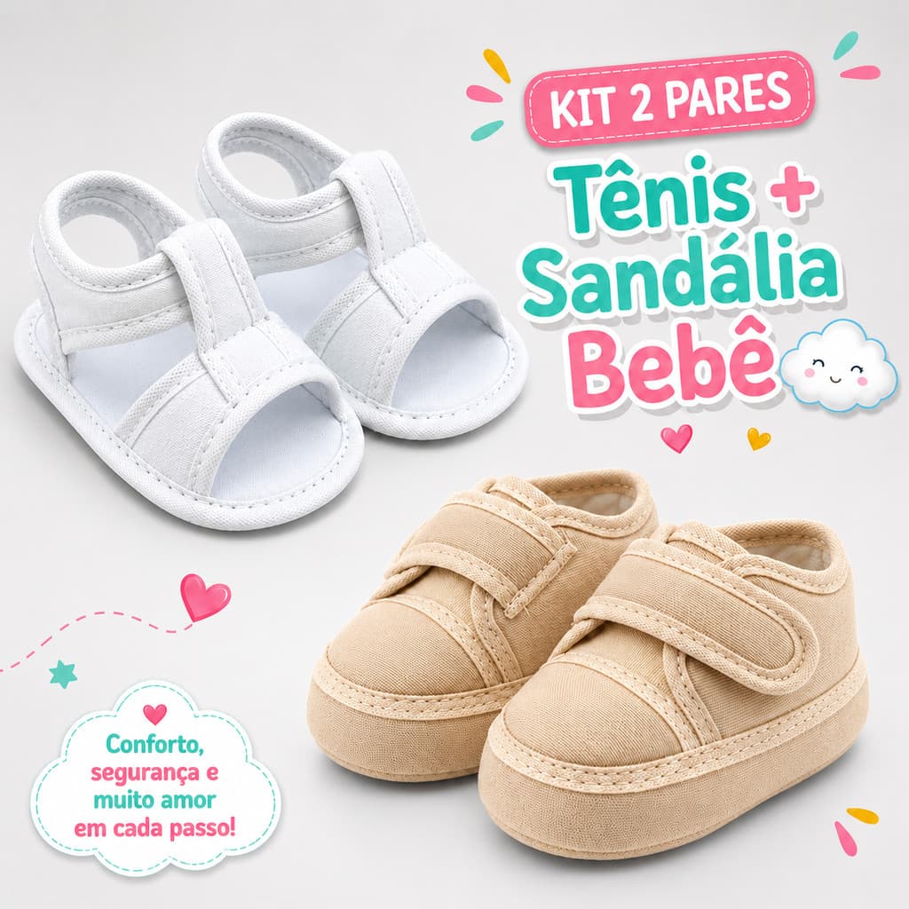 Kit 2 Pares Tênis e Sandália Bebê Infantil Tecido Molinho Branco Bege Maternidade Recém-Nascido
