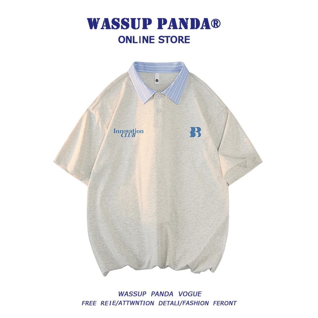 WASSUP PANDA Contraste Cor Costura Camisa Gola Manga Curta Camiseta Masculina Verão Solto Casal Meia Manga POLO