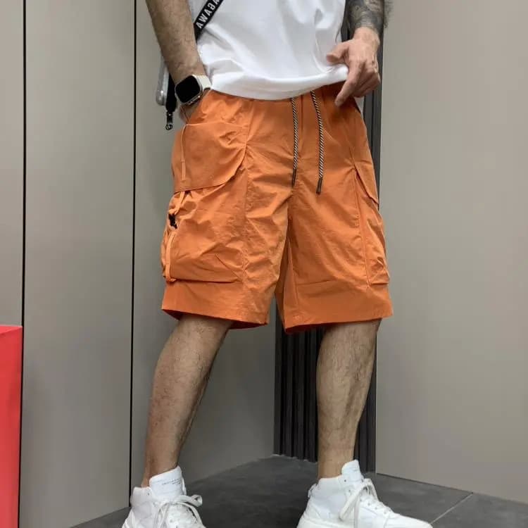 Verão masculino na moda grande bolso geral shorts leve respirável Casual em linha reta solto shorts cor sólida refrescan