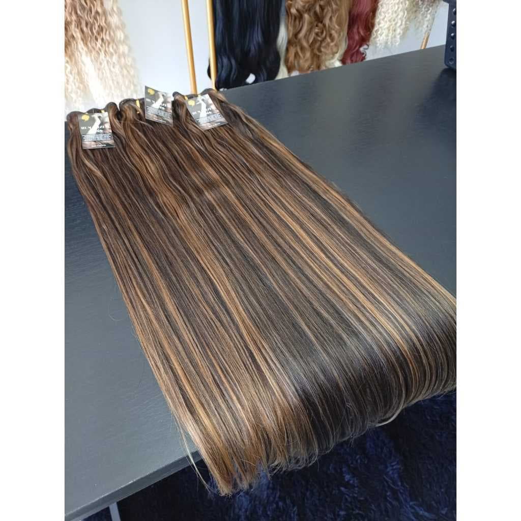 Aplique de Cabelo Liso Morena Iluminada 100% Semi Humano em Tela 60cm Fibra Russa Premium Bella Hair