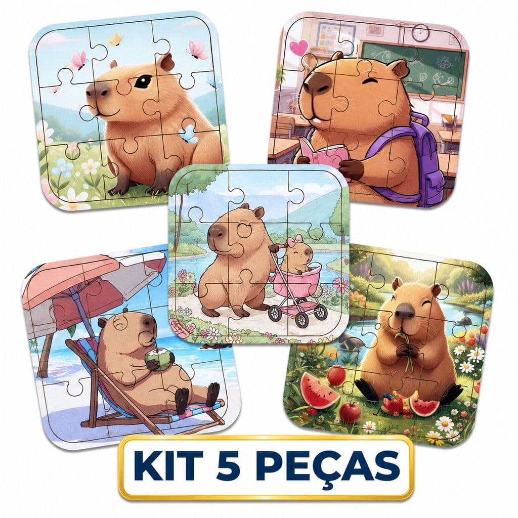 Kit 5 Quebra-Cabeça Infantil Educativo Madeira Mdf Capivara Fofos Brinquedo Pedagógico Desenvolvimento 9 Peças cada