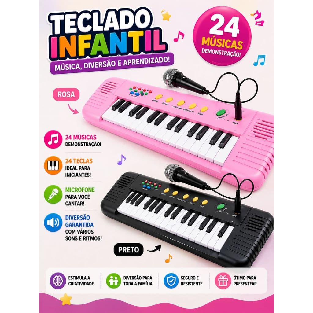 Teclado Piano com Microfone Karaokê Brinquedo Musical Infantil Menino e Menina