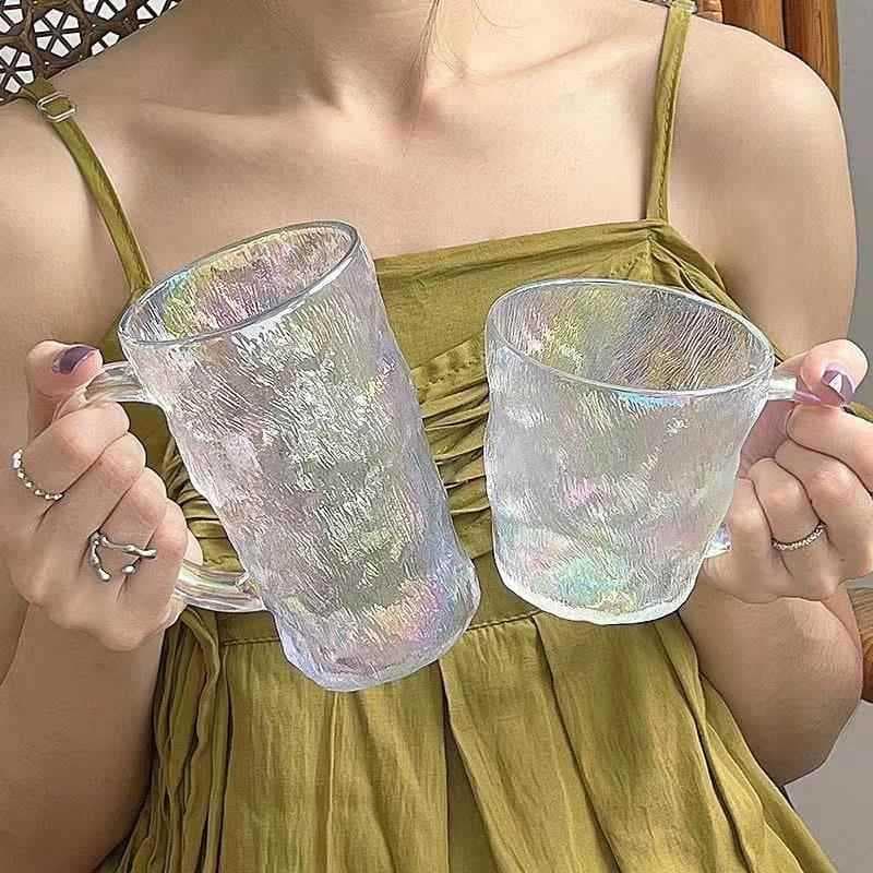 Copo de vidro com padrão glaciar, com tampa, colher com alça, copo para beber de alto valor, feminino, doméstico, xícara