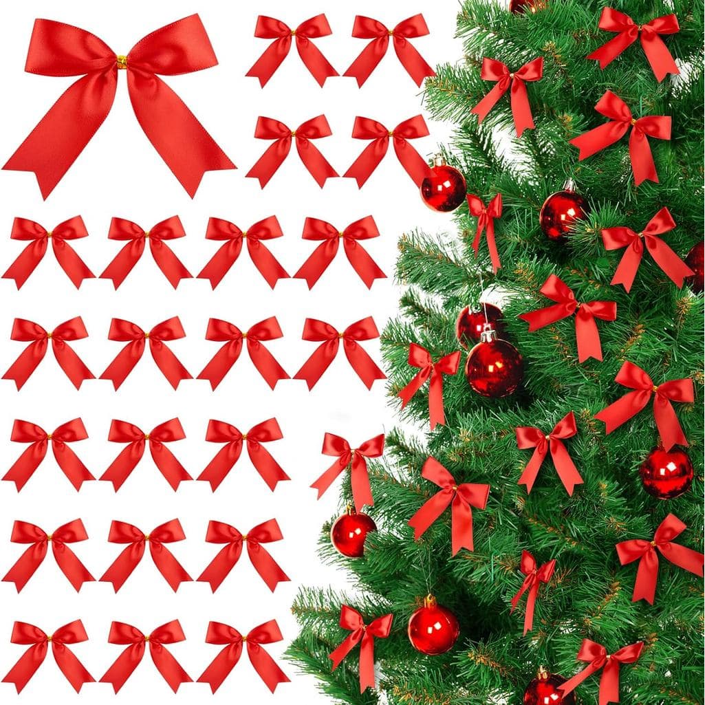 40 Laços Pequenos Vermelhos para Árvore de Natal, Laços de Cetim Pré-fabricados de 3" x 3,5" com Fitas de Arame para Árv
