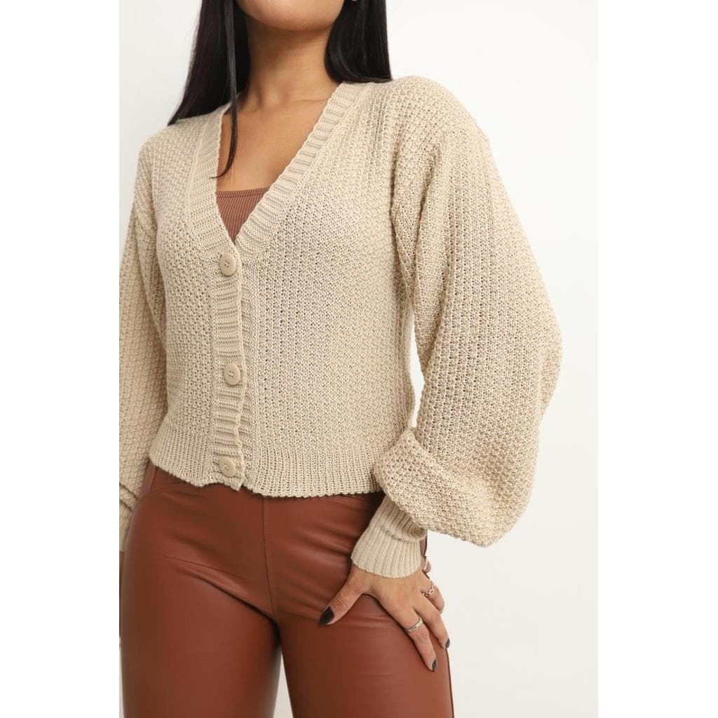 Casaco Cardigan Curto com botão liso Tricot Botão Manga Bufante Cor única blusa feminina elegante