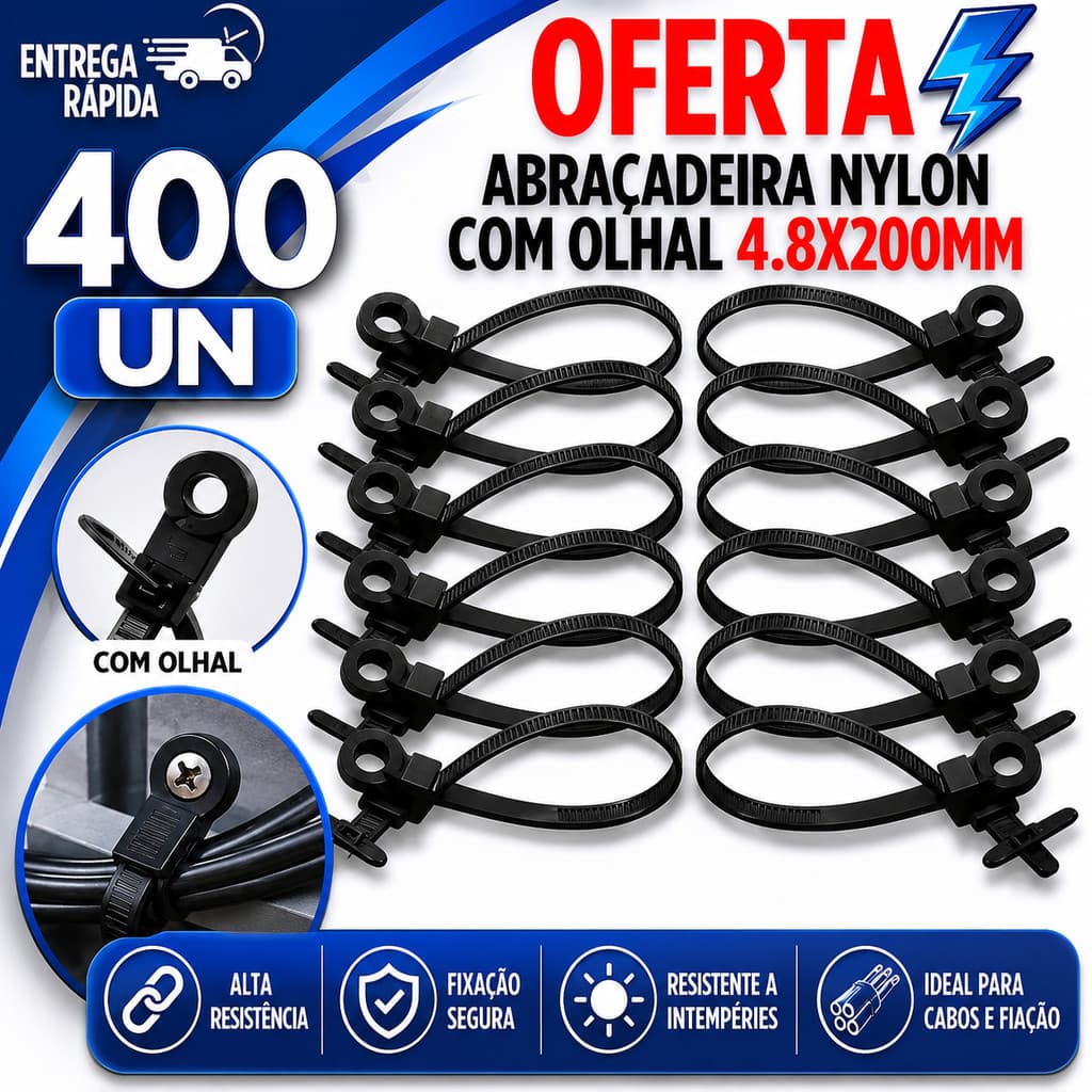 Abraçadeiras Nylon 4,8x200mm Preta com Olhal 400 Un Enforca Gato Forte