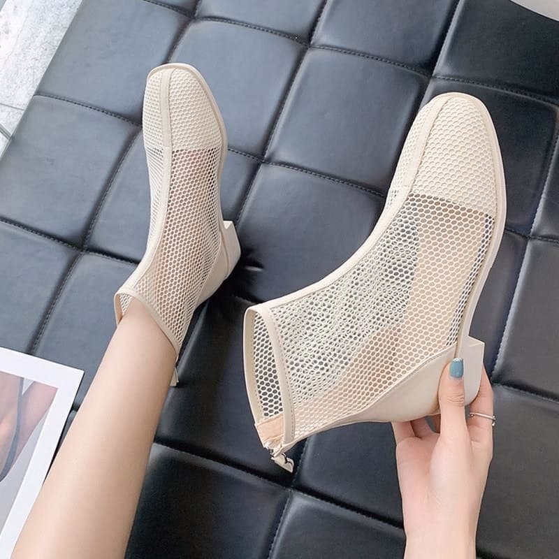 Botas curtas de malha verão novo estilo Martin botas finas salto grosso meados de salto versão coreana sandálias All-mat