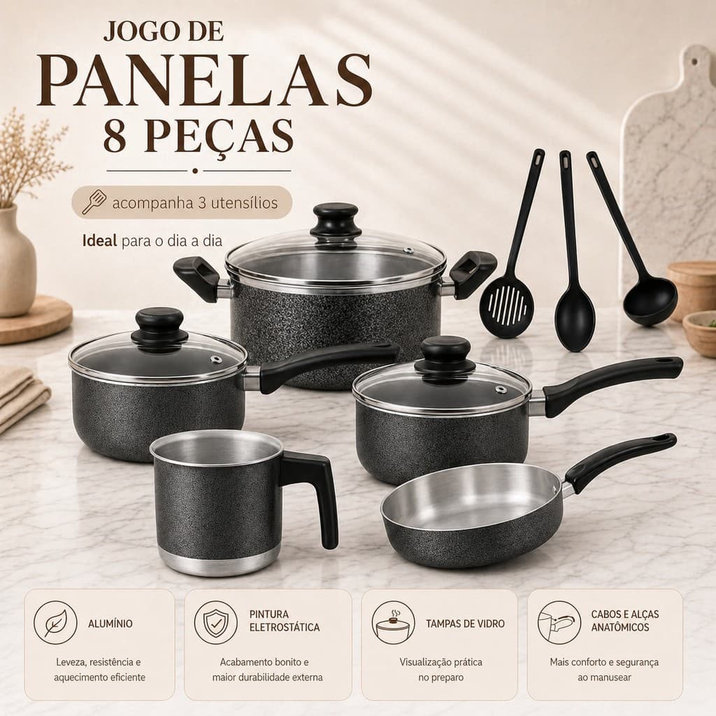 Panelas EM OFERTA  Alumínio Kit 5 Peças Caçarola 18, Panela 18, Panela 16, Frigideira 18, Leiteira 12+ Espátulas