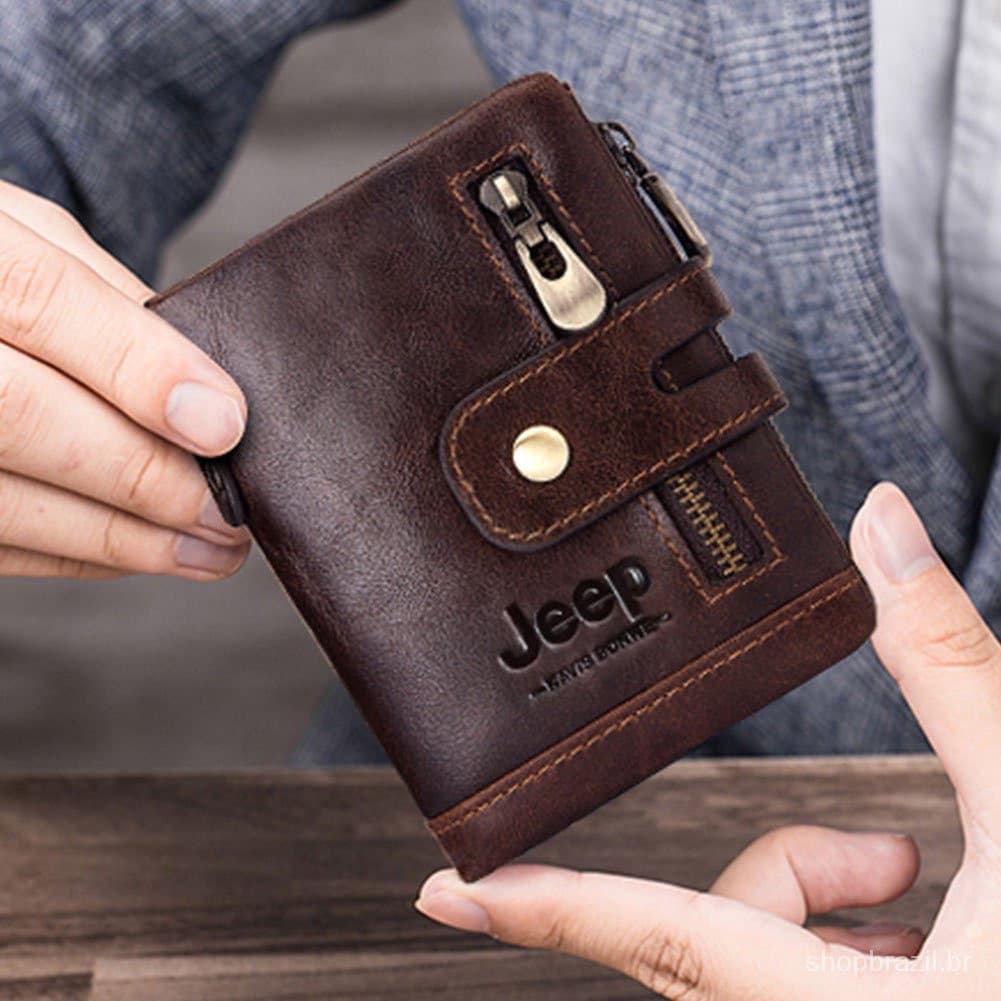 Carteira de Couro Masculina Jeep com Porta-Moedas e Porta-Cartões - Carteira Pequena com Corrente, Presente para Mulhere