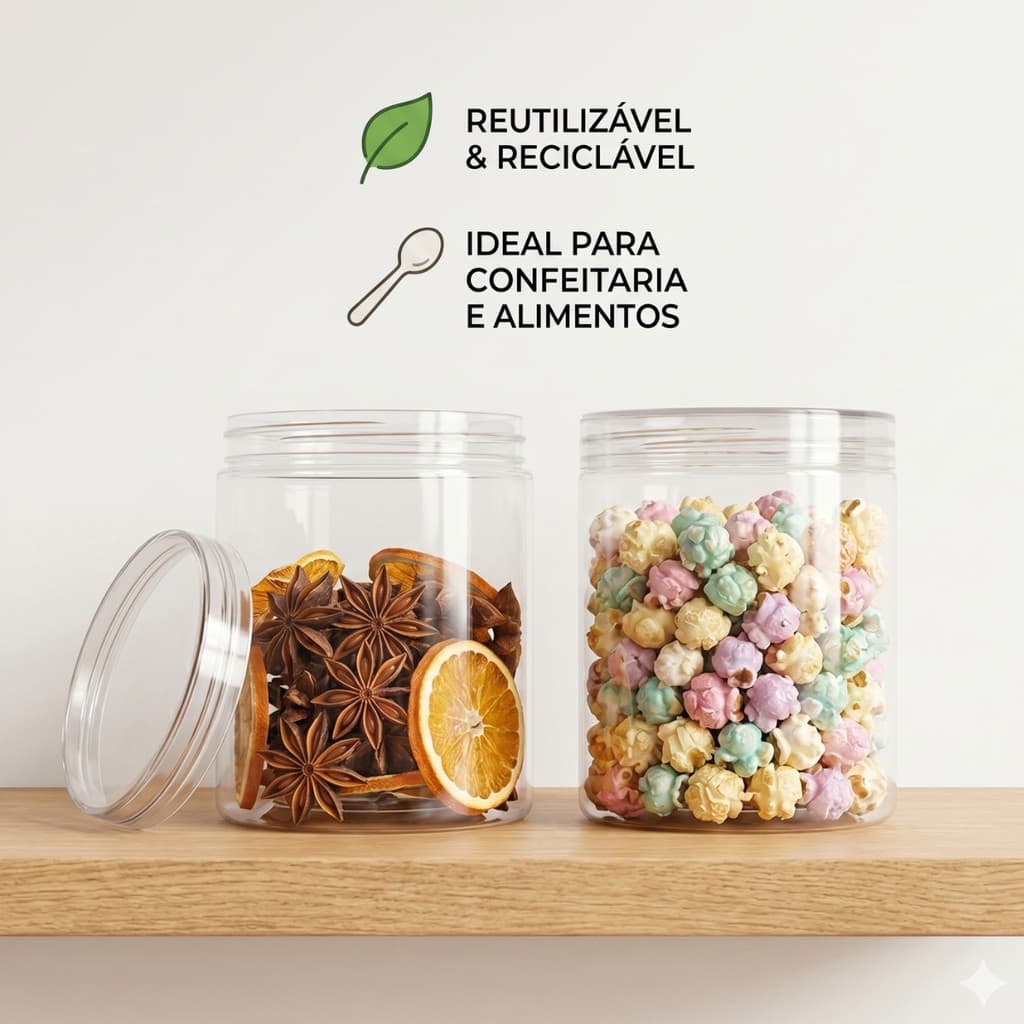 Kit 4 un Pote Plástico PET Redondo Cristal com Tampa 500ml