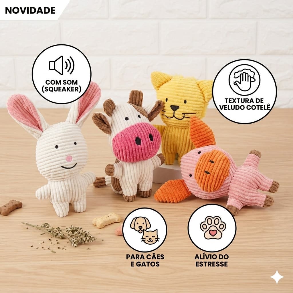 Brinquedo Pet Mordedor Pelúcia com Som Resistente Veludo Cotelê p/ Cães e Gatos Animais Fofos Interativo Antiestresse