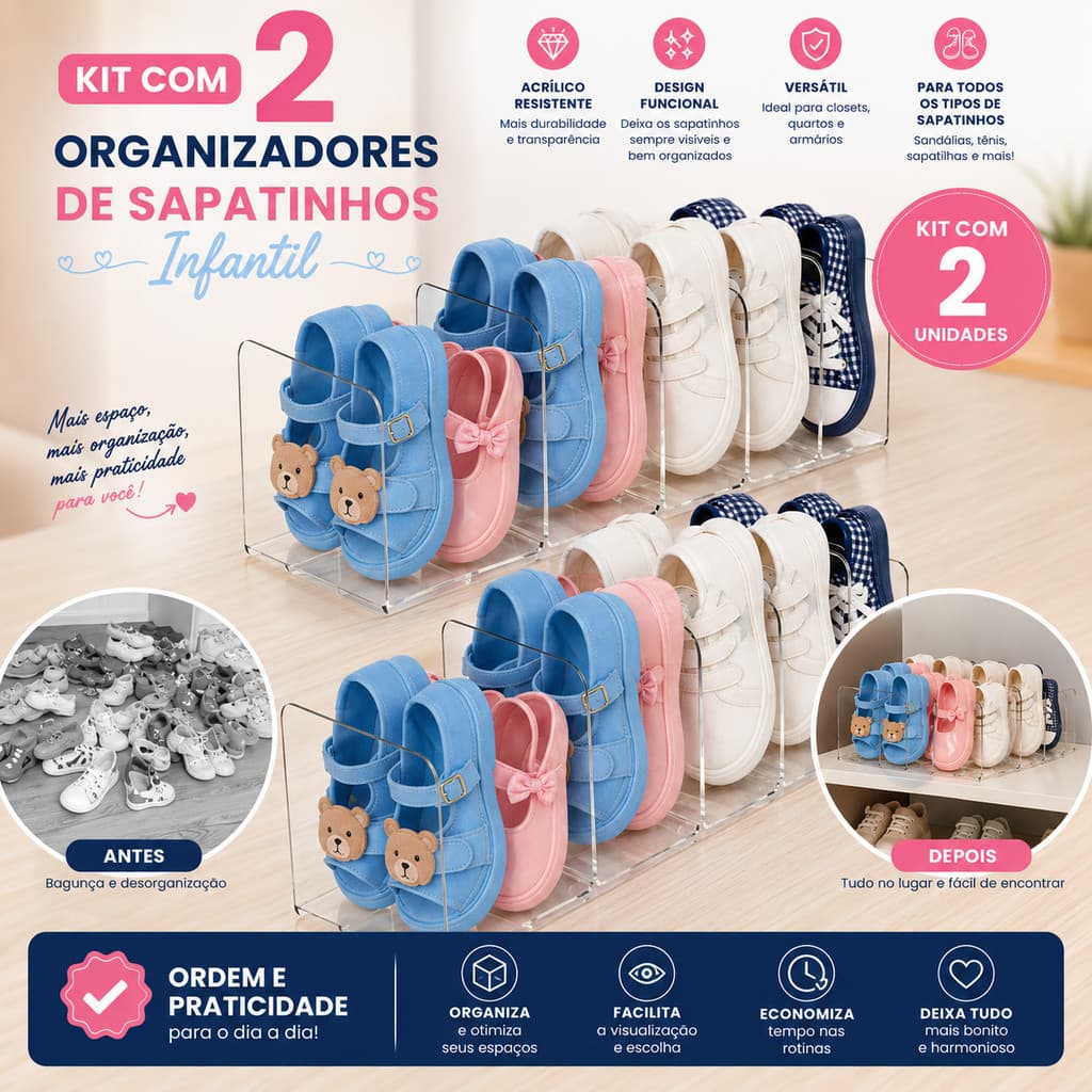 KIT 2 Organizador de Sapatos Calçados Infantil em Acrílico Transparente, 4 Divisórias, 26x14x8 cm, para Bebê e Criança
