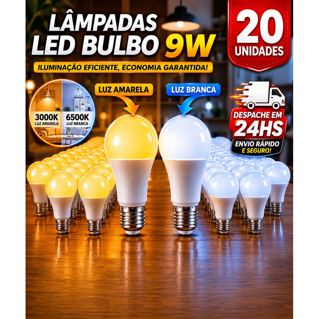 20 Lâmpadas Bivolt  Led 9W Iluminação Bulbo A60 Pera Branco Frio 6500K Branco Quente 3000K Luz Amarela E27 Bolinha globo