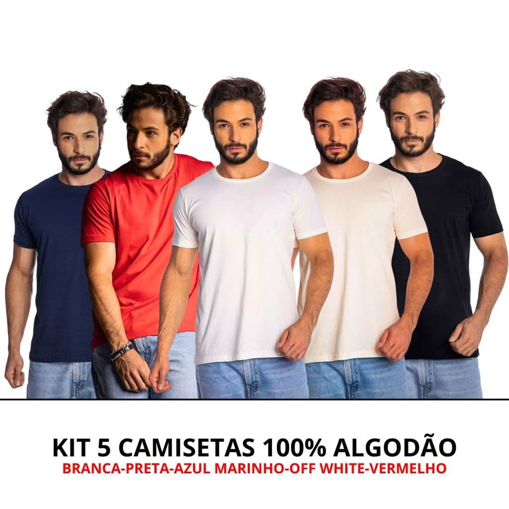 Kit 5 Camisas Masculina Lisa Algod茫o Premium
